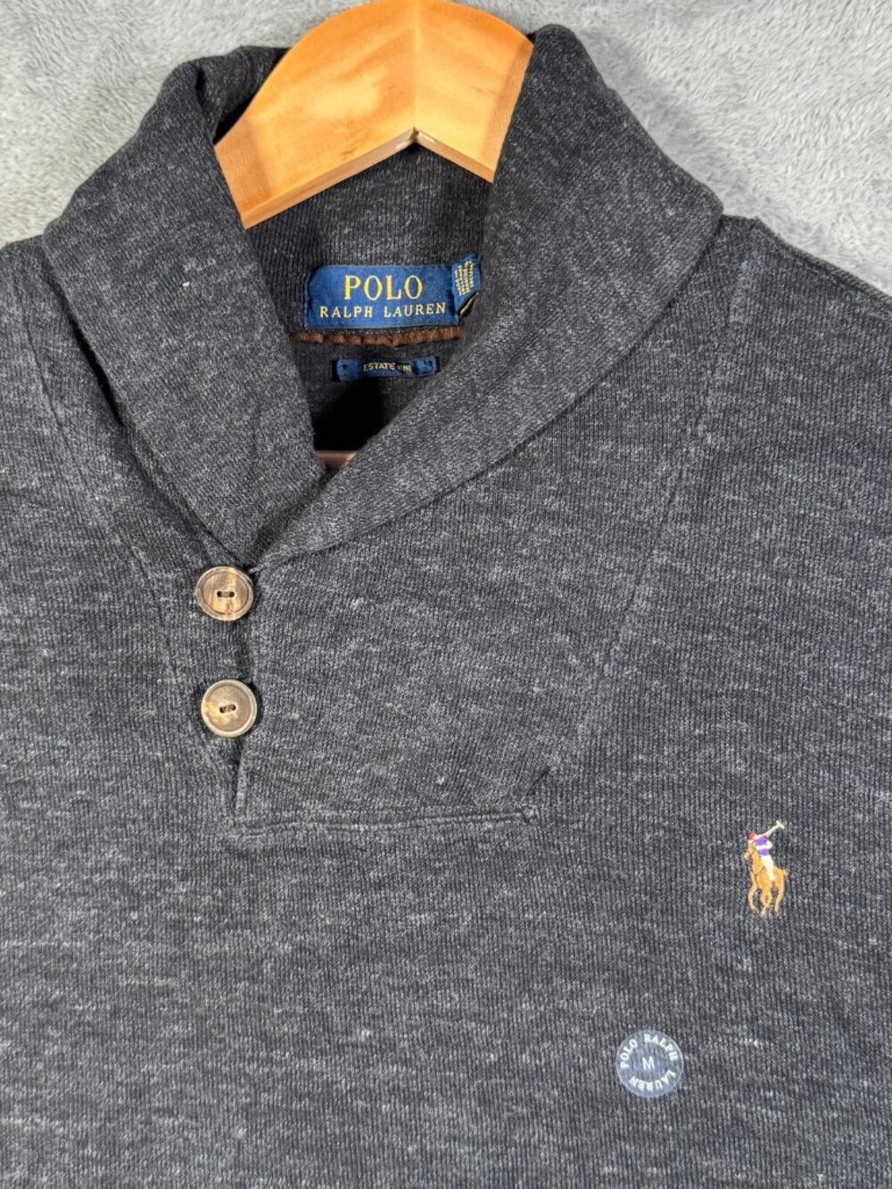 Polo Ralph Lauren Sweater Mens M Gray Estate Rib Shawl Collar Button Pullover